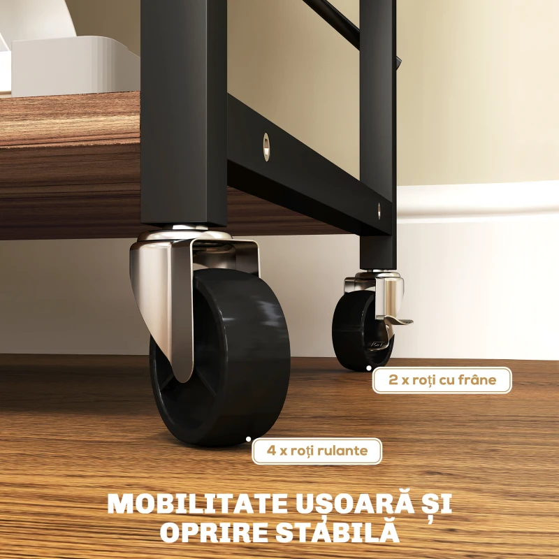 HOMCOM Raft de Bucătărie cu 3 Nivele, Roți și 4 Cârlige, 60x40x84 cm, Lemn Natural