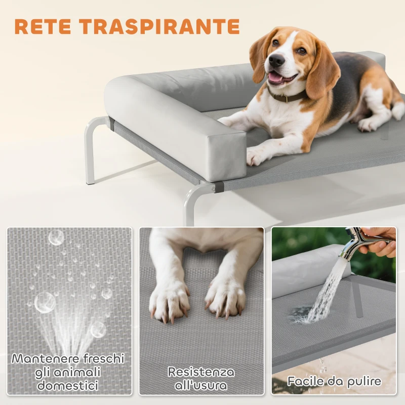 PawHut Lettino per Cani Rialzato di 20 cm con Cuscino a L, in Poliestere e Acciaio, 110x75x30 cm, Grigio e Argento
