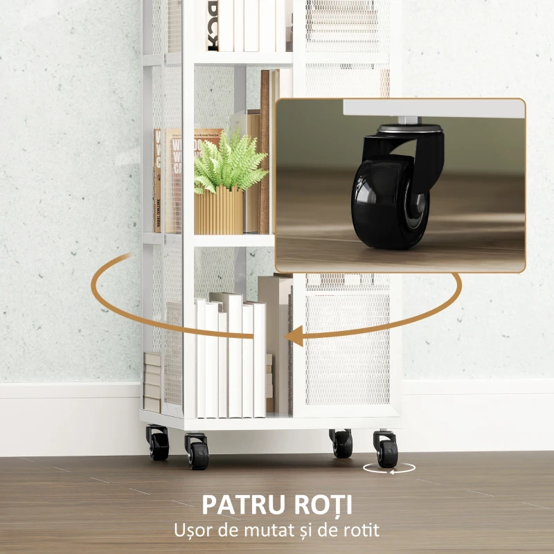 HOMCOM Bibliotecă Modernă cu 4 Rafturi și Roți, 35x35x129 cm, Alb