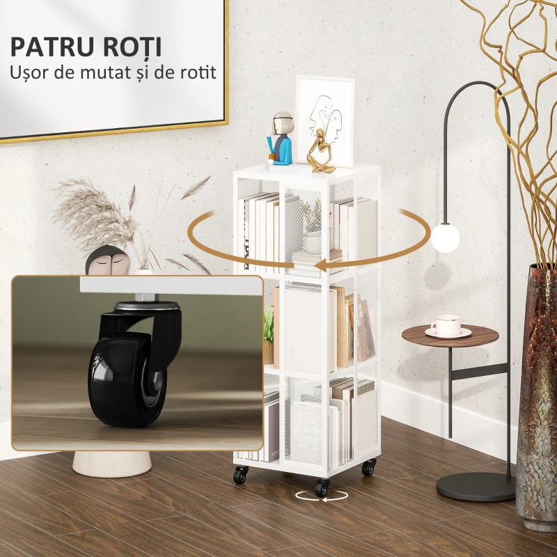 HOMCOM Bibliotecă Modernă cu 3 Rafturi și Roți, 35x35x99 cm, Alb