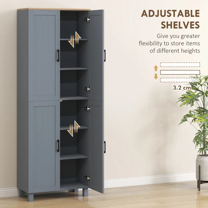 HOMCOM Freestanding Kitchen Cupboard, 4-Door Storage Cabinet with Adjustable Shelves, Modern Kitchen Pantry for Dining Room, 170cm, Grey Wood Effect