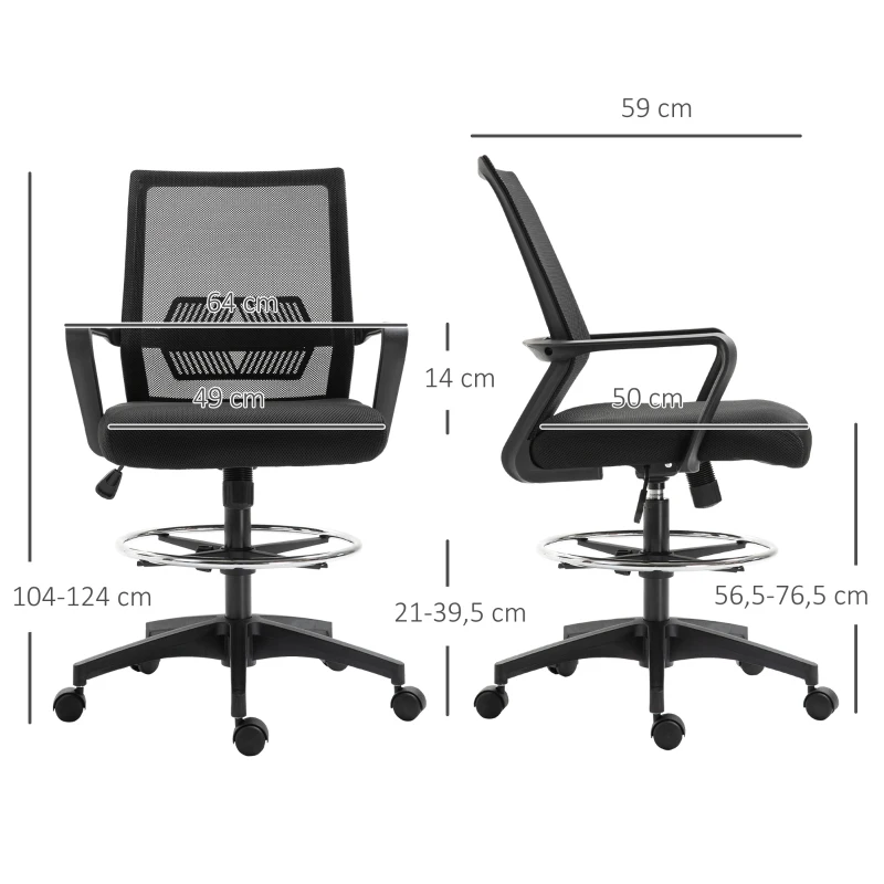 Vinsetto Bureaustoel, In Hoogte Verstelbare Bureau Stoel met Voetsteun, Mesh Rugleuning, Rolbaar, Kunststof, Zwart(m-3)