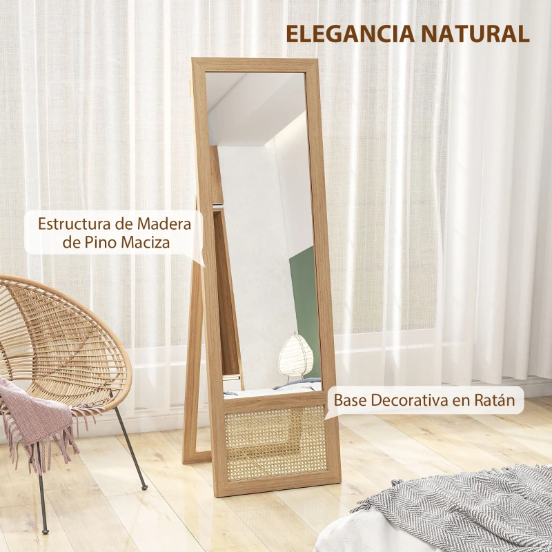HOMCOM Espejo de Cuerpo Entero 160x50 cm con Marco de Madera y Soporte para Salón Dormitorio Natural