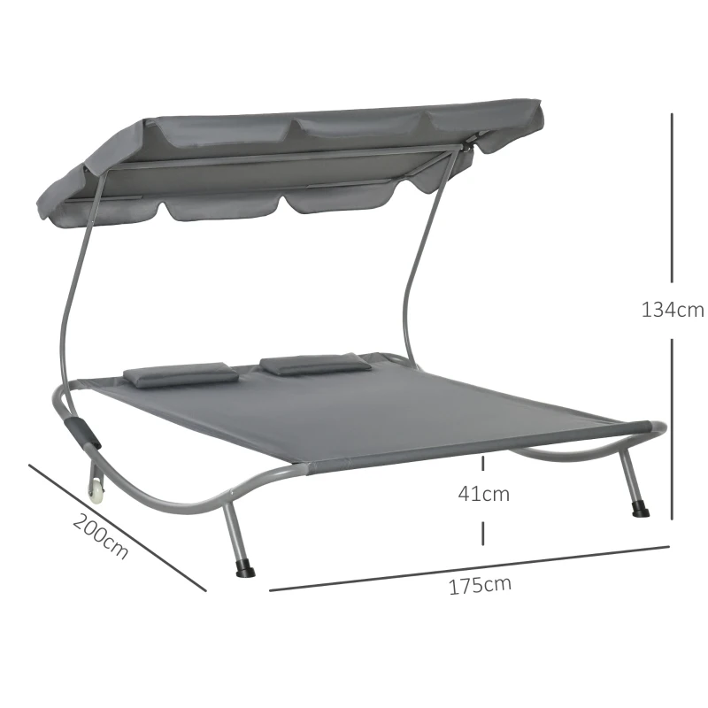 Outsunny Patio Double Hammock Sun Lounger Bed with Canopy Shelter, Wheels, and 2 Pillows, Grey