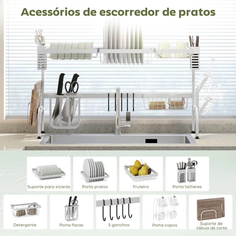 HOMCOM Escorredor de Louça de Aço de 2 Níveis com Prateleira para Pratos Suporte para Facas e Talheres 100x30x54,5 cm Branco
