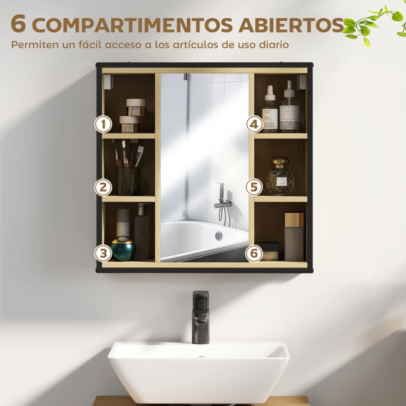 HOMCOM Armario de Baño con Espejo Estante Ajustable y 6 Compartimentos Abiertos 60x16x58,5 cm Roble