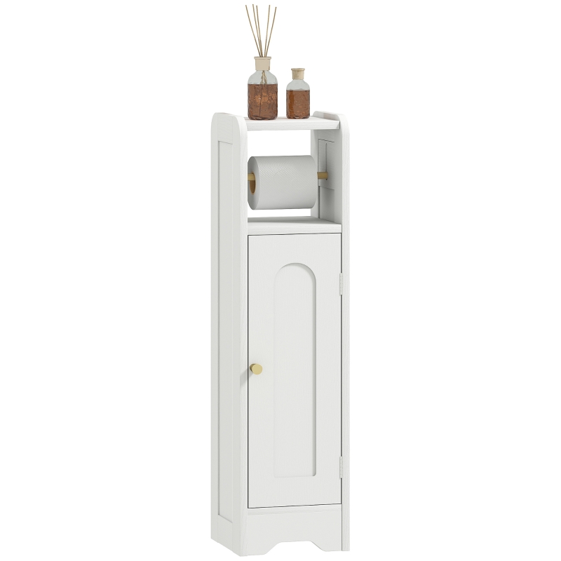 HOMCOM Armario de Baño Estrecho Mueble Auxiliar de Baño con Estante Ajustable y Portarrollos de Papel 21x20x79 cm Blanco