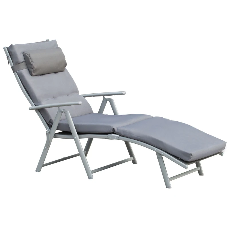 Outsunny Patio Sun Lounger Garden Textilene Foldable Reclining Chair Adjustable Recliner with Cushion Pillow - Grey
