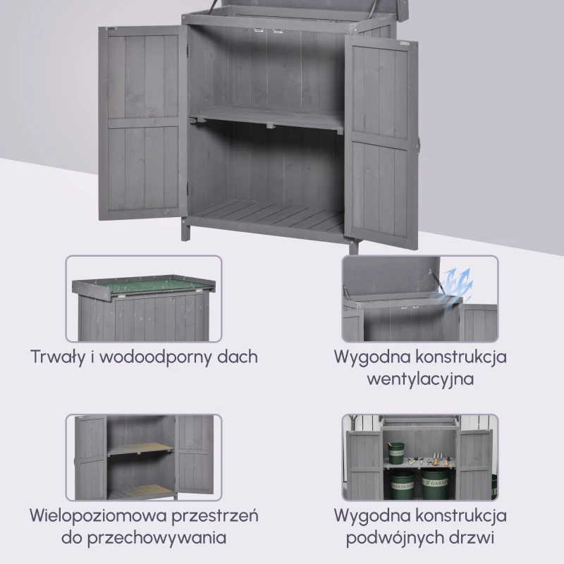 Outsunny Szafka na narzędzia, drewniany schowek, 2 półki, sosna, kolor szary