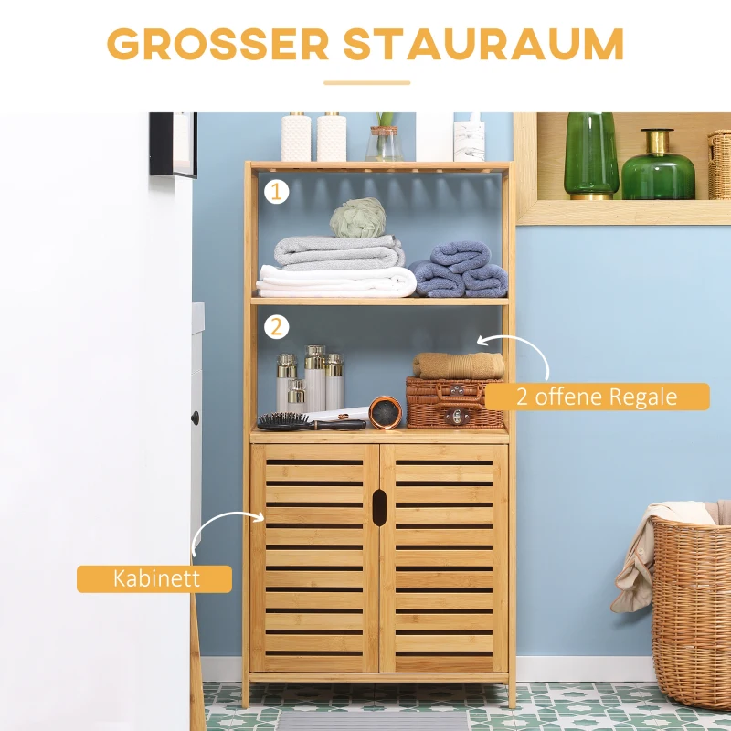 kleankin Badezimmerschrank, Badezimmerkommode mit Lamellentüren, Badregal, Bambusholz, Naturholz