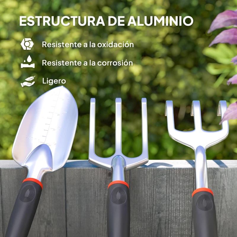 Outsunny Juego de Herramientas Jardinería de 9 Piezas de Aluminio con Tijeras de Podar con Bloqueo Seguro Bolsa de Jardín Ligera