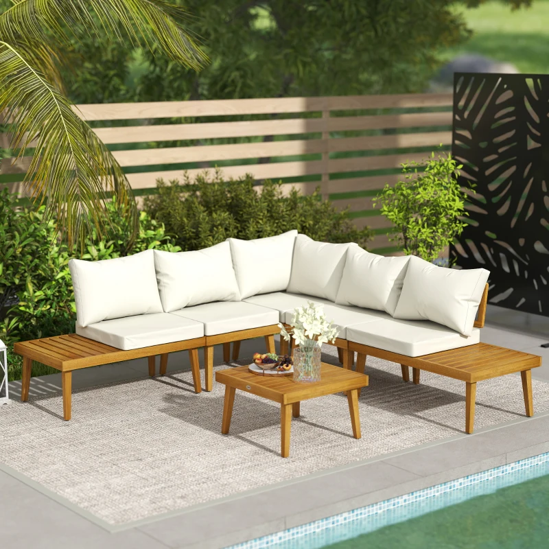 Outsunny Salon de jardin extérieur 5 places modulable en bois d'acacia, canapé d'angle extérieur avec table basse et coussins