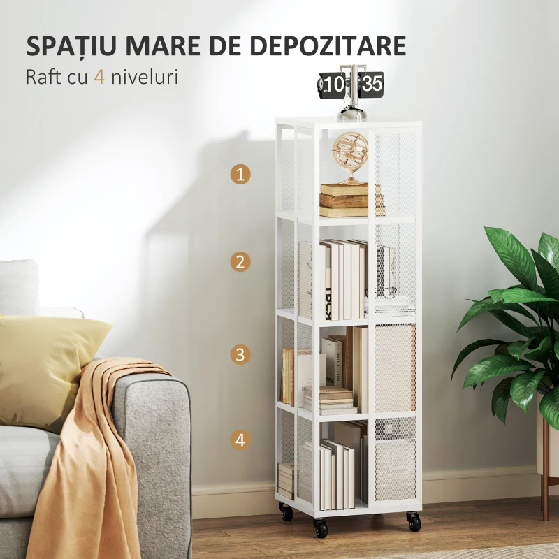 HOMCOM Bibliotecă Modernă cu 4 Rafturi și Roți, 35x35x129 cm, Alb