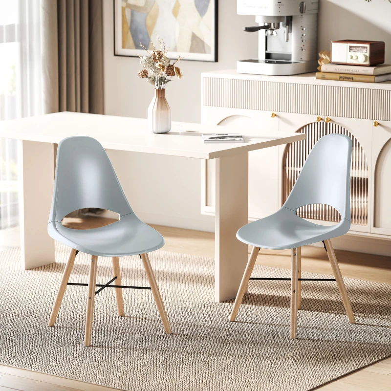 HOMCOM Pack de 2 Sillas de Comedor de Plástico con Respaldo Curvado y Patas de Madera de Caucho Gris