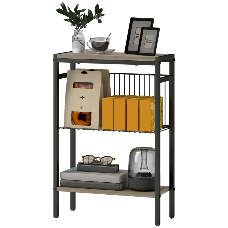 HOMCOM Mesa Auxiliar Estreita de 3 Níveis Mesinha Auxiliar Industrial com Prateleiras Abertas e Estrutura de Aço  43x18x62,5 cm Cinza