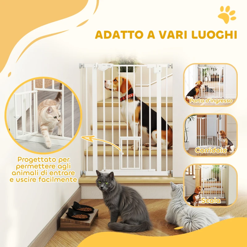 PawHut Cancelletto per Cani con Porta Piccola, Montaggio a Pressione e Chiusura Automatica, 74-80x91.4cm, Bianco