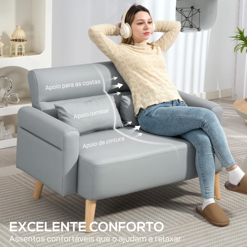 HOMCOM Sofá de 2 Lugares Estofado em Couro Sintético Sofá de Sala de Estar com Braços Acolchoados e Pernas de Madeira 117x78x78 cm Cinza