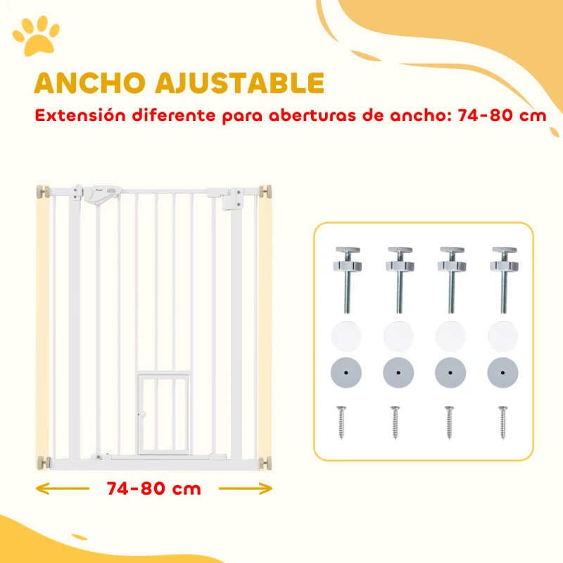 PawHut Barrera de Seguridad para Perros Barrera para Mascotas Extensible con Puerta Pequeño Cierre Automático y Sistema de Doble Bloqueo para Puerta Pasillo Escalera 74-80x91,4 cm Blanco