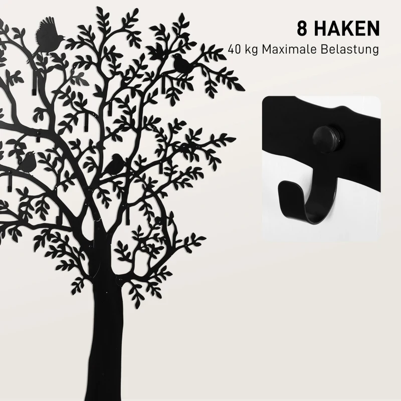 HOMCOM Wieszak ścienny, Montowany na ścianie haczyk na ubrania, Design drzewa z ptakami, Czarny