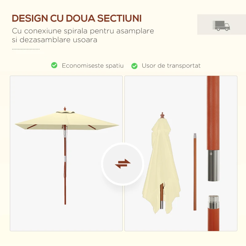 Outsunny Umbrelă de Grădină Înclinabilă cu Sistem cu Șnur și Orificiu de Ventilație, 200x150x235 cm, Bej