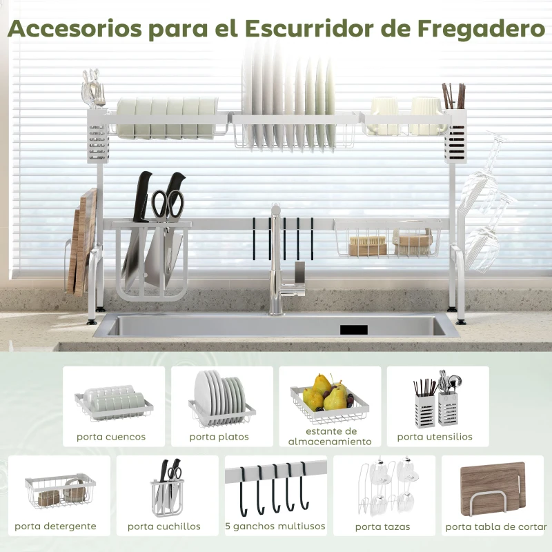 HOMCOM Escurreplatos de Acero de 2 Niveles para Fregadero con Soporte de Tabla de Corte y Cubiertos 100x30x54,5cm Blanco