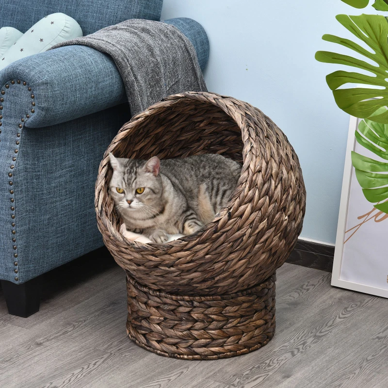 PawHut Waterhyacint kattenmand met kussen, kattenbed, huisdierbed, 50 cm x 42 cm x 60 cm, bruin+beige