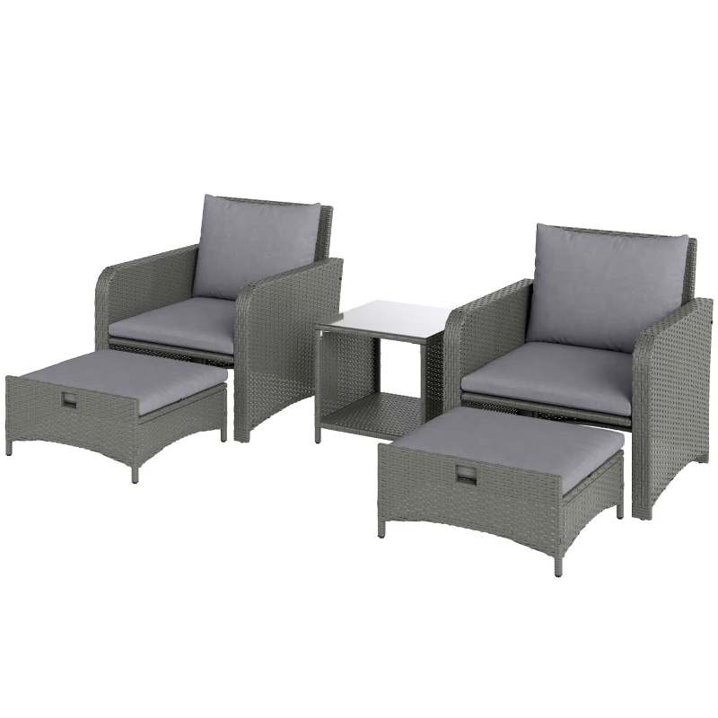 Outsunny Five Piece Rattan Garden Furniture Set with 2-Tier Coffee Table and Ottomans - Grey