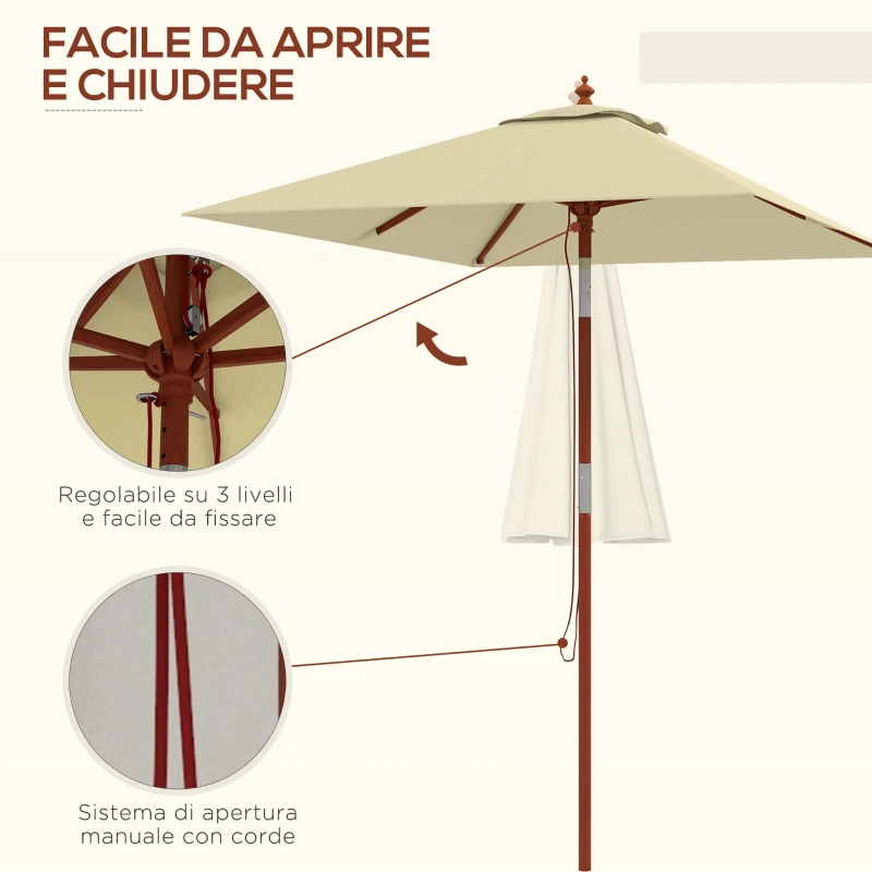 Outsunny Ombrellone Rettangolare Inclinabile 2x1.5 m con 6 Stecche e Apertura a Corda, in Bambù e Poliestere Beige