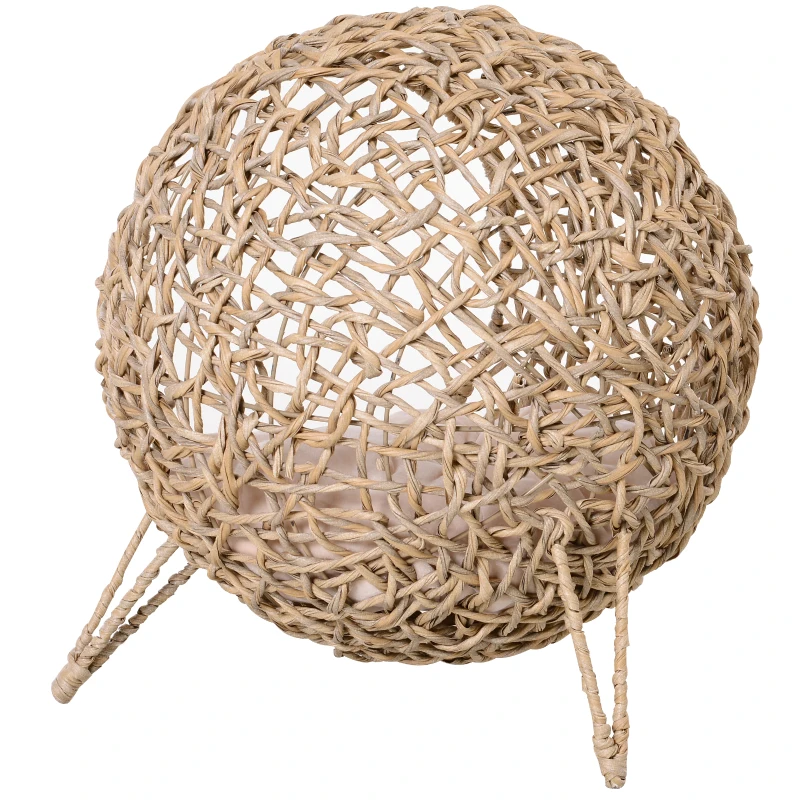 PawHut Katzenhaus aus Rattan mit Kissen Katzenschlafplatz Katzenhöhle mit erhöhten Füßen Natur Ø52 x 58 cm