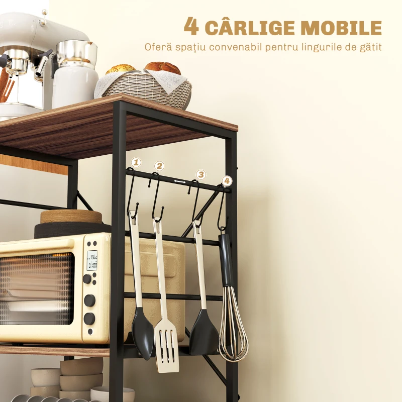 HOMCOM Raft de Bucătărie cu 3 Nivele, Roți și 4 Cârlige, 60x40x84 cm, Lemn Natural