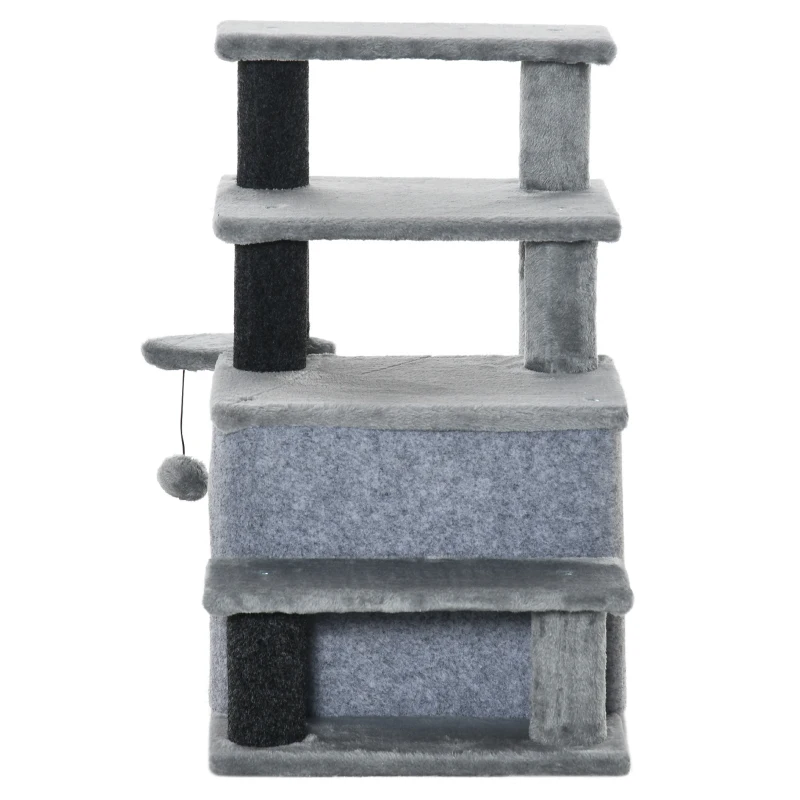 PawHut Kratzbaum, Tiertreppe, 4 Stufen, Spielball, Häuschen, höhenverstellbar, schwarz+grau, 60 x 40 x 66 cm