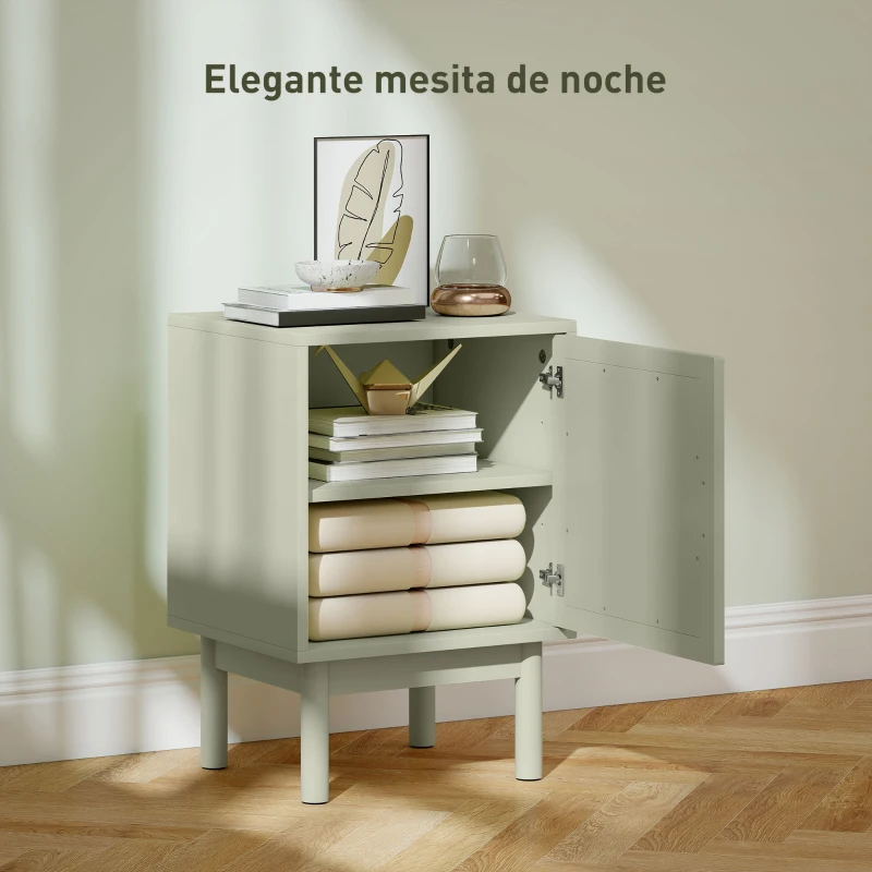 HOMCOM Mesilla de Noche con Puerta de Ratán Estante Ajustable y Patas de Madera Estilo Bohemio 40x35x58 cm Verde Claro