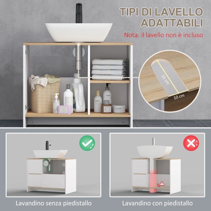 kleankin Mobile Bagno Sottolavabo con Armadietto e 2 Mensole in Legno, 77x45x60 cm, Bianco e Legno