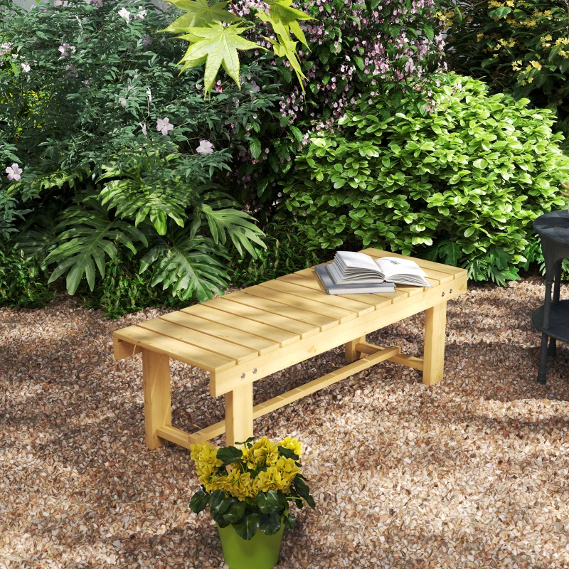Outsunny Wooden Garden Bench, 2 Seater Outdoor Bench, Fir Wood Backless Patio Loveseat with Slatted Seat for Park, 110 x 38 x 35 cm, Natural
