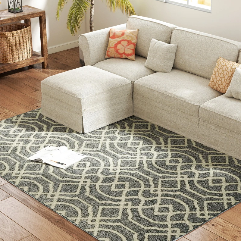 HOMCOM UV Resistant Indoor & Outdoor Area Rug, Easy-Cleaning Machine Washable Rug with Geometric Pattern for Patio, Garden, Kitchen, Bathroom or Living Room, 230 x 160 cm, Grey