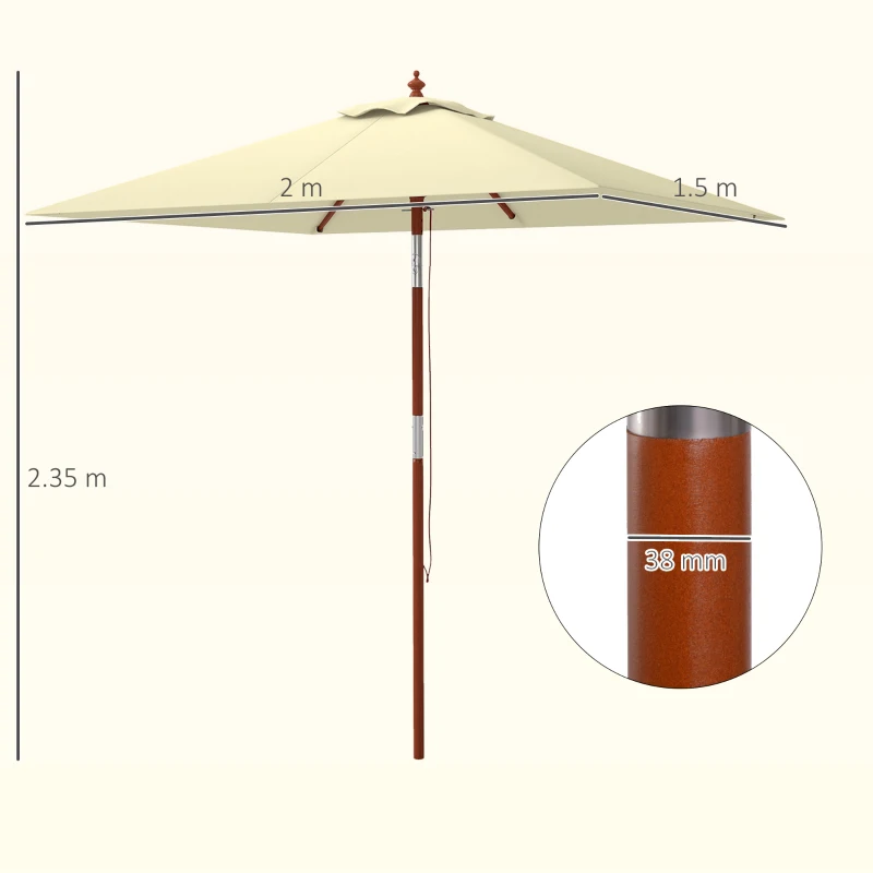 Outsunny Ombrellone Rettangolare Inclinabile 2x1.5 m con 6 Stecche e Apertura a Corda, in Bambù e Poliestere Beige