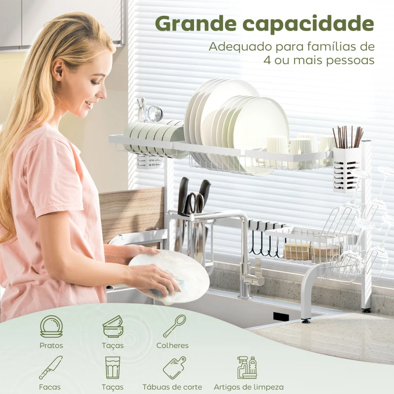 HOMCOM Escorredor de Louça de Aço de 2 Níveis com Prateleira para Pratos Suporte para Facas e Talheres 100x30x54,5 cm Branco
