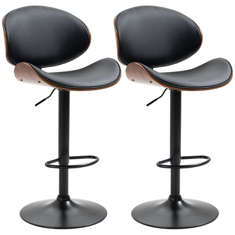 HOMCOM Set 2 Sgabelli da Bar con Schienale Regolabili in Altezza, Legno e Finta Pelle, 53x52x92-112 cm, Nero