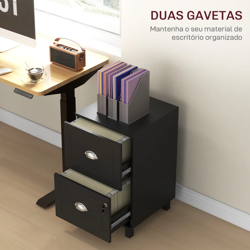 HOMCOM Bloco de Gavetas com 2 Gavetas Fechadura e Barras para Documentos A4 e Carta 40x41,5x67,5 cm Preto
