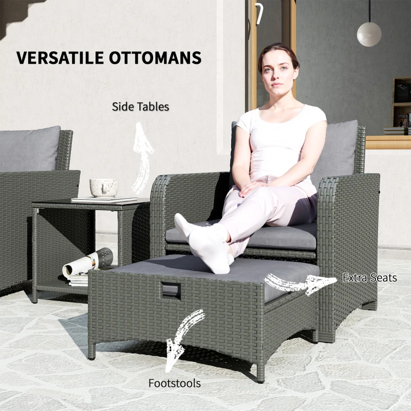 Outsunny Five Piece Rattan Garden Furniture Set with 2-Tier Coffee Table and Ottomans - Grey