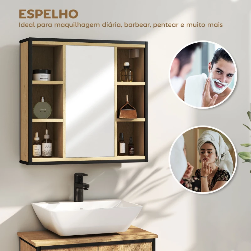 HOMCOM Armário de Casa de Banho com Espelho Prateleira Ajustável e 6 Compartimentos Abertos 60x16x58,5 cm Madeira