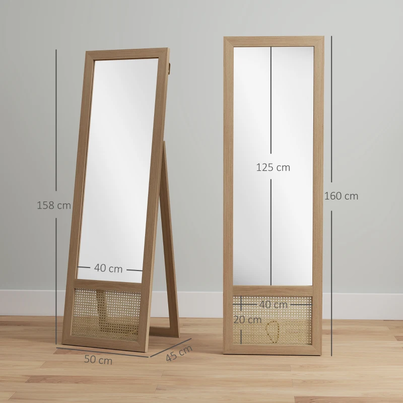 HOMCOM Espelho de Corpo Inteiro 160x50 cm Espelho de Pé ou de Parede com Moldura de Madeira e Suporte  Madeira