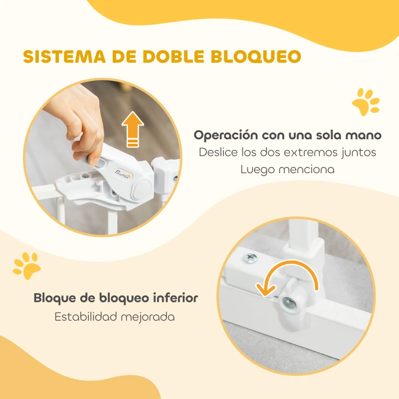 PawHut Barrera de Seguridad para Perros Barrera para Mascotas Extensible con Puerta Pequeño Cierre Automático y Sistema de Doble Bloqueo para Puerta Pasillo Escalera 74-80x91,4 cm Blanco