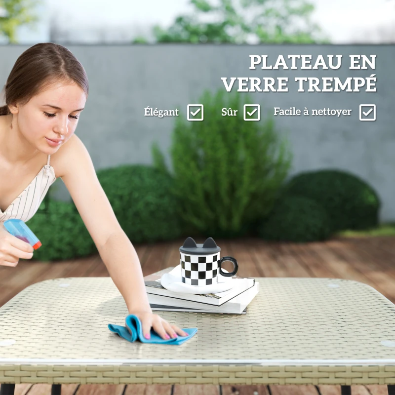 Outsunny Salon de jardin extérieur en résine tressée 5 places, table en verre trempé et coussins inclus, bois naturel