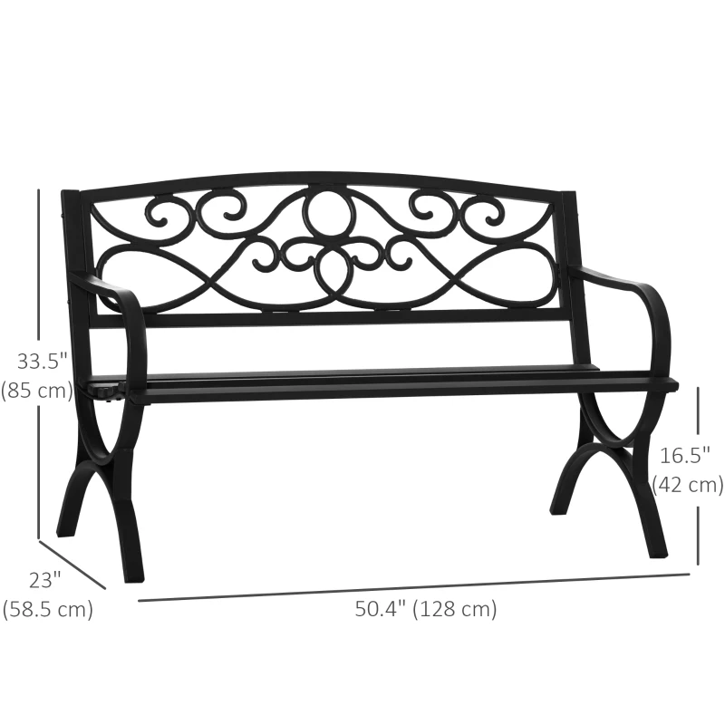 Outsunny 2-Seater Garden Bench Outdoor Bench with Inclined Backrest Slatted Seat Comfortable Armrests Steel Frame Cast Iron 128 x 58.5 x 85 cm Black