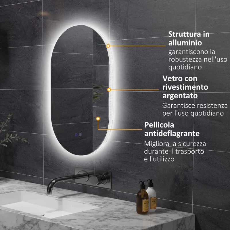 kleankin Specchio Bagno LED Antiappannamento con Luminosità Regolabile, in Vetro e Alluminio, 81x51x4.5 cm