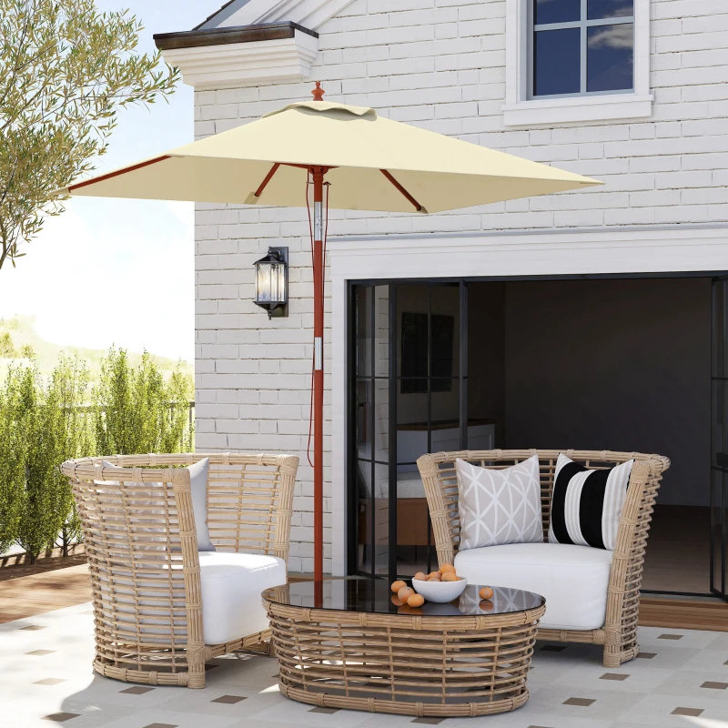 Outsunny Ombrellone Rettangolare Inclinabile 2x1.5 m con 6 Stecche e Apertura a Corda, in Bambù e Poliestere Beige