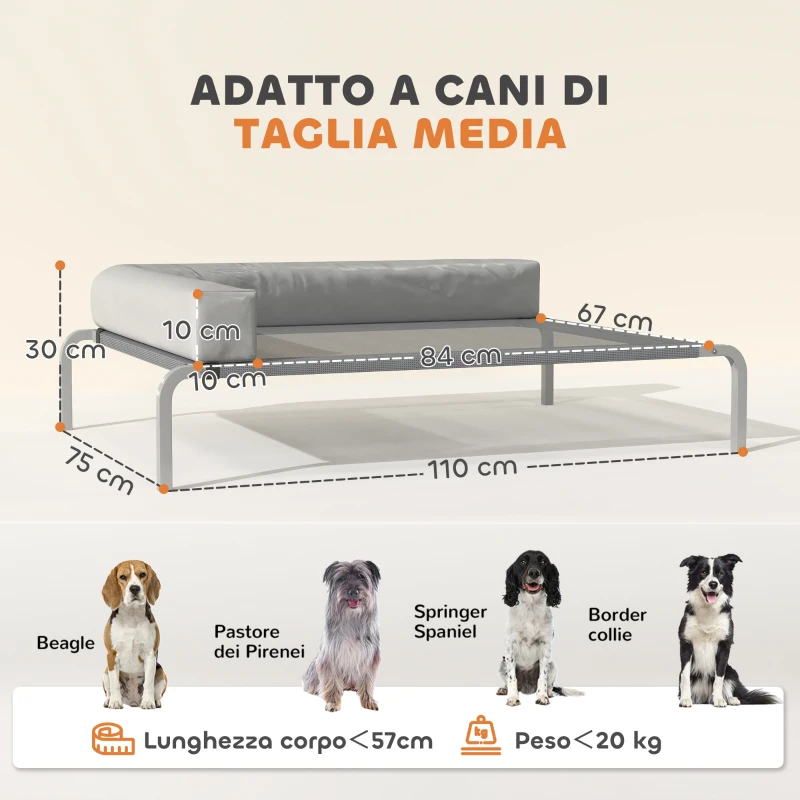 PawHut Lettino per Cani Rialzato di 20 cm con Cuscino a L, in Poliestere e Acciaio, 110x75x30 cm, Grigio e Argento