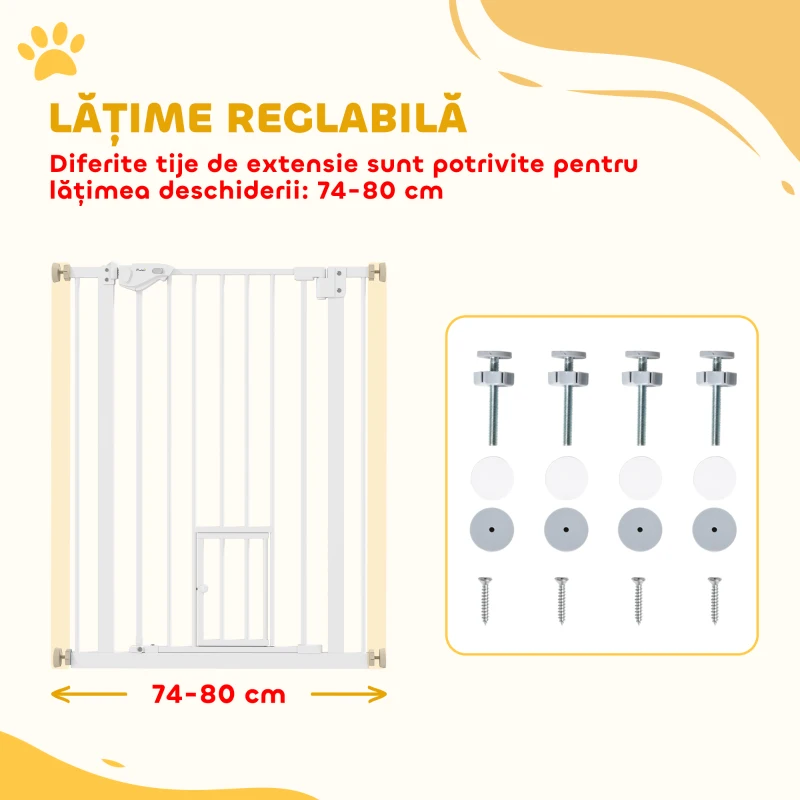 PawHut Poartă Reglabilă pentru Câini cu Ușă Mică și Montaj prin Presiune, 74-80x91.4 cm, Alb