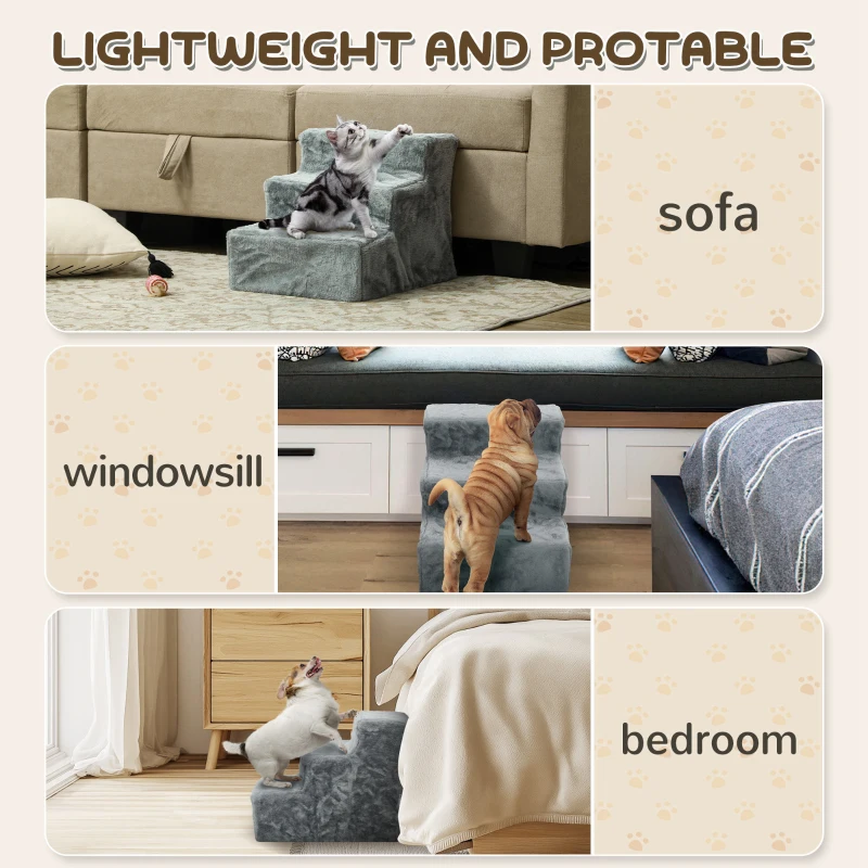 PawHut Opvouwbare huisdiertrap, 3 treden, wasbare pluchen hoes, spaanplaat, 46 x 35 x 35 cm, Lichtgrijs